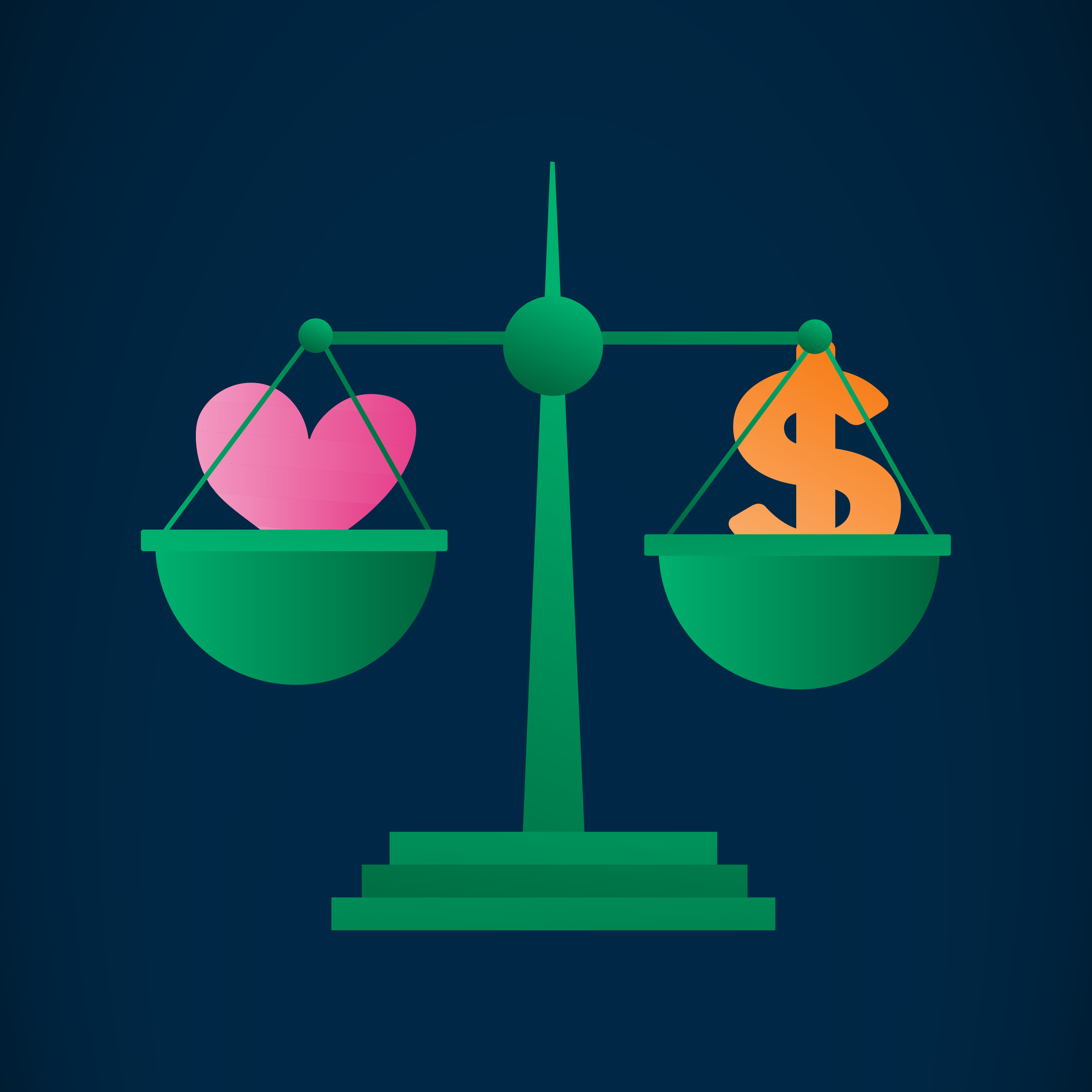Illustration of a balancing scales, balancing a dollar sign and a heart